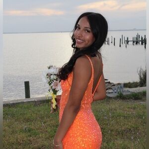 Sparkling Orange Sequin Prom Dress - Sleeveless V-Back